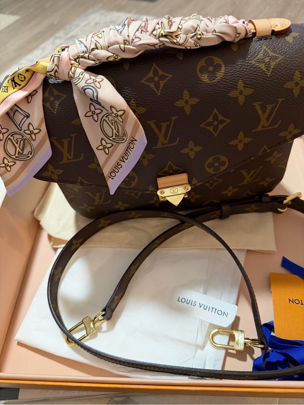 Louis Vuitton Monogram Canvas Pochette Metis with authentic bandeau included!